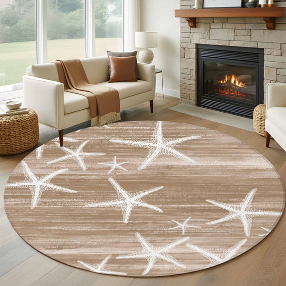 Round Area Rugs Collection 5 Ft, Brown Coastal Non-Slip Residential Carpet, Summer Ocean Waves Ombre Sea Starfish Indoor Crawling Mats Runner Rugs for Living Room/Dining Room/Bedroom