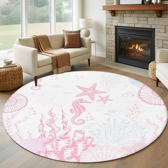 Round Area Rugs Collection 5 Ft, Coastal Pink Non-Slip Residential Carpet, Ocean Coral Starfish Jellyfish Seahorse Indoor Crawling Mats Runner Rugs for Living Room/Dining Room/Bedroom