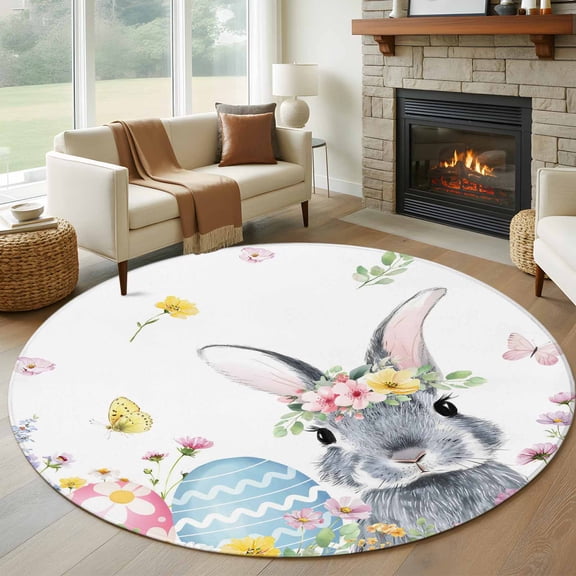 Round Area Rugs Collection 5 Ft, Easter Bunny Non-Slip Residential Carpet, Blue Easter Eggs Spring Floral Butterflies Indoor Crawling Mats Runner Rugs for Living Room/Dining Room/Bedroom