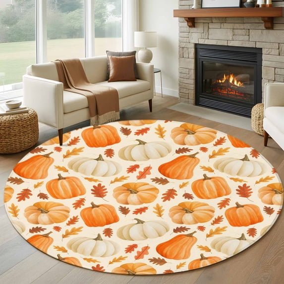 Round Area Rugs Collection 5 Ft, Fall Thanksgiving Non-Slip Residential Carpet, Orange White Pumpkin Falling Leaves Indoor Crawling Mats Runner Rugs for Living Room/Dining Room/Bedroom