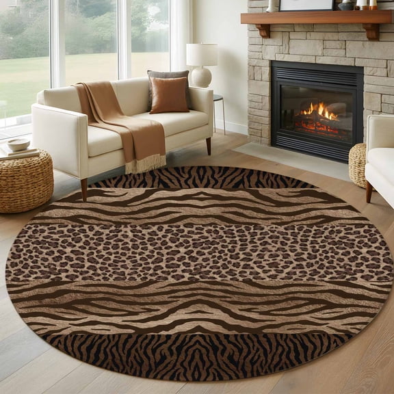 Round Area Rugs Collection 5 Ft, Leopard Zebra Print Non-Slip Residential Carpet, Vintage Animal Skin Striped Brown Indoor Crawling Mats Runner Rugs for Living Room/Dining Room/Bedroom