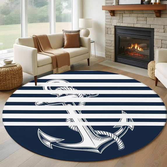 Round Area Rugs Collection 5 Ft, Navy Blue Anchor Non-Slip Residential Carpet, Nautical Coastal Abstract Art Indoor Crawling Mats Runner Rugs for Living Room/Dining Room/Bedroom