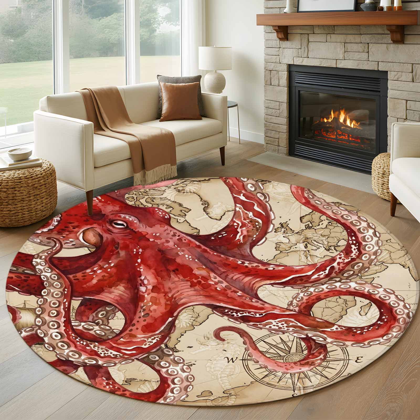 Octopus Channel Rug Round Area Rugs Collection 5 Ft, Ocean Red Octopus Non-Slip Residential ...