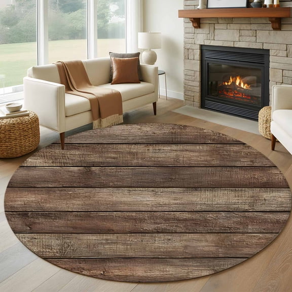 Round Area Rugs Collection 5 Ft, Old Wooden Board Non-Slip Residential Carpet, Rustic Farmhouse Brown Wooden Plank Indoor Crawling Mats Runner Rugs for Living Room/Dining Room/Bedroom