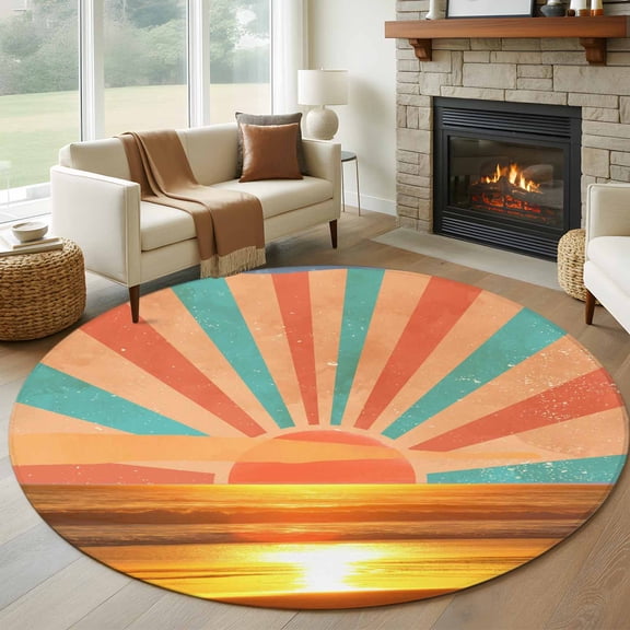 Round Area Rugs Collection 5 Ft, Orange Sunset Non-Slip Residential Carpet, Abstract See Beach Landscape Vintage Indoor Crawling Mats Runner Rugs for Living Room/Dining Room/Bedroom