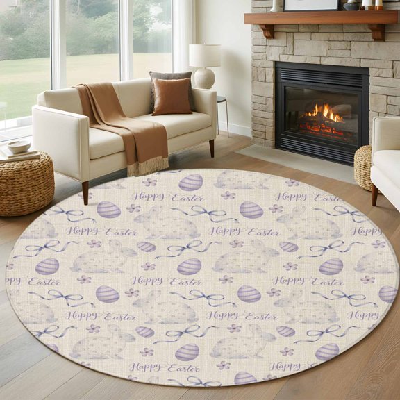 Round Area Rugs Collection 5 Ft, Purple Easter Non-Slip Residential Carpet, Spring Vintage Bunny Eggs on Linen Indoor Crawling Mats Runner Rugs for Living Room/Dining Room/Bedroom