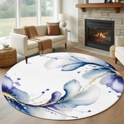 Round Area Rugs Collection 5 Ft, Purple Marble Stone Non-Slip Residential Carpet, White Ink Splash Farm Marble Abstract Indoor Crawling Mats Runner Rugs for Living Room/Dining Room/Bedroom