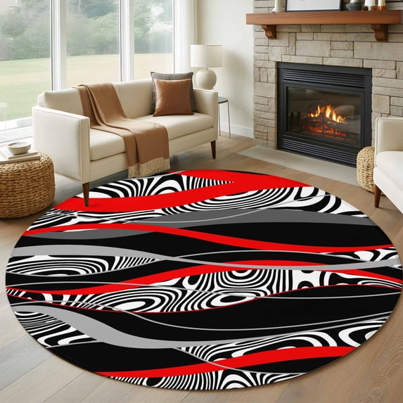 Round Area Rugs Collection 5 Ft, Red Black Stripes Non-Slip Residential Carpet, Modern Gradient Abstract Lines Art Indoor Crawling Mats Runner Rugs for Living Room/Dining Room/Bedroom