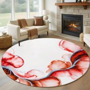 Round Area Rugs Collection 5 Ft, Red Marble Stone Non-Slip Residential Carpet, Ink Splash Country Marble Abstract Indoor Crawling Mats Runner Rugs for Living Room/Dining Room/Bedroom