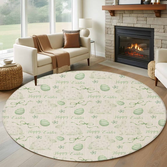 Round Area Rugs Collection 5 Ft, Sage Green Easter Non-Slip Residential Carpet, Spring Vintage Bunny Eggs on Linen Indoor Crawling Mats Runner Rugs for Living Room/Dining Room/Bedroom