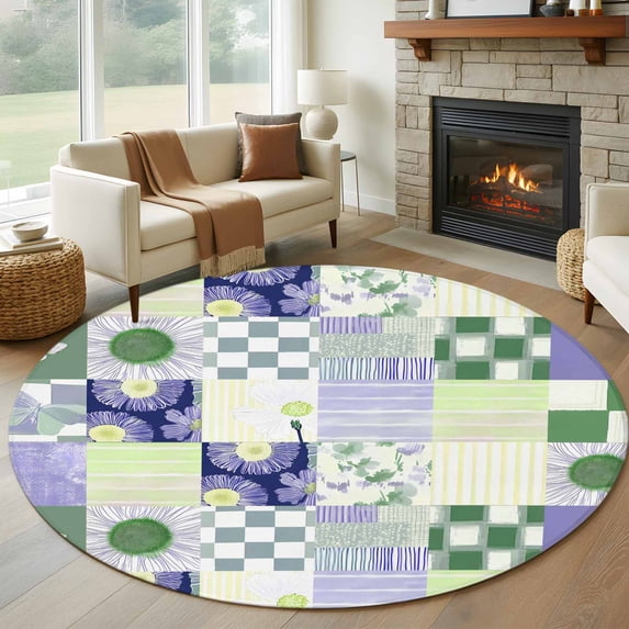 Round Area Rugs Collection 5 Ft, Spring Floral Checkered Non-Slip Residential Carpet, Sage Green Purple Buffalo Plaid Indoor Crawling Mats Runner Rugs for Living Room/Dining Room/Bedroom