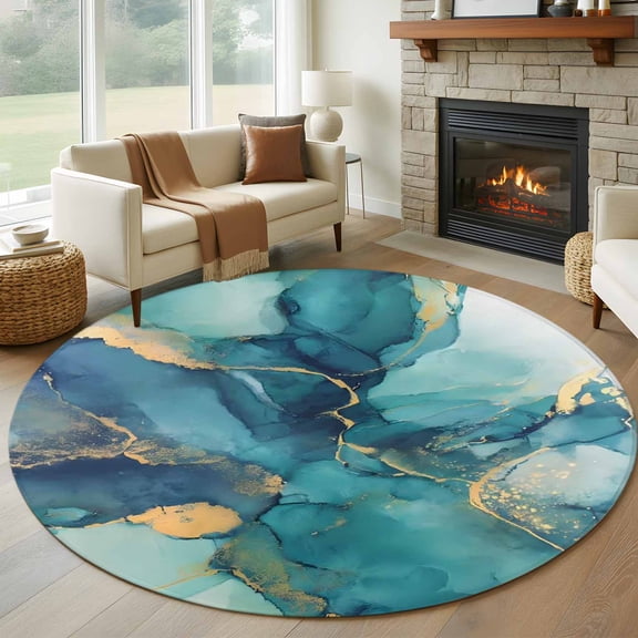 Round Area Rugs Collection 5 Ft, Teal Blue Marble Non-Slip Residential Carpet, Modern Abstract Texture Art Ombre Indoor Crawling Mats Runner Rugs for Living Room/Dining Room/Bedroom