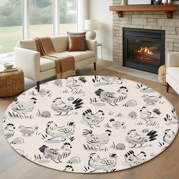 Round Area Rugs Collection 5 Ft, Vintage Rooster Farmhouse Non-Slip Residential Carpet, Grey Farm Animals Indoor Crawling Mats Runner Rugs for Living Room/Dining Room/Bedroom