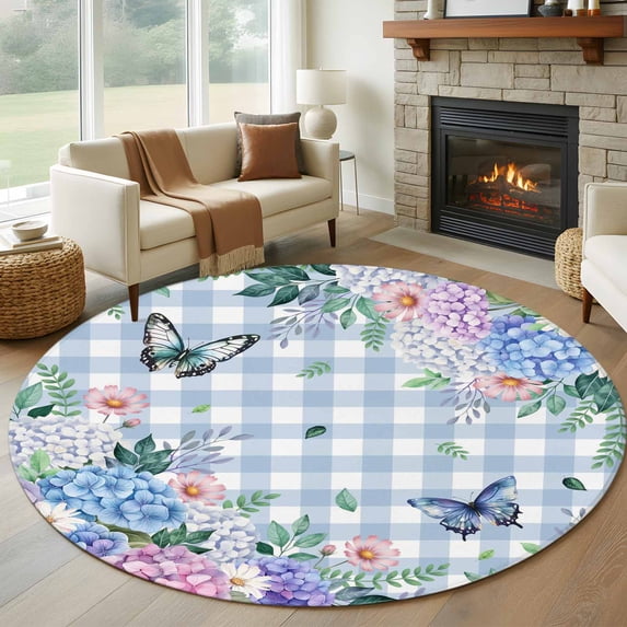 Round Area Rugs Collection 5 Ft, Watercolor Flowers Non-Slip Residential Carpet, Spring Floral Butterflies Blue Plaid Indoor Crawling Mats Runner Rugs for Living Room/Dining Room/Bedroom