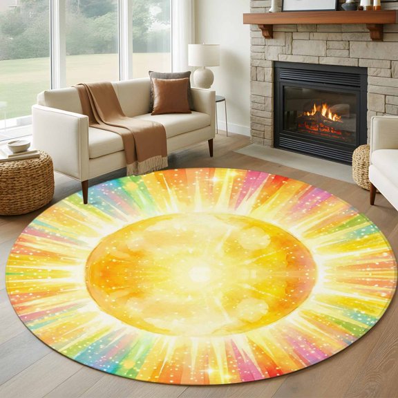 Round Area Rugs Collection 5 Ft, Watercolor Sun Non-Slip Residential Carpet, Cartoon Summer Colorful Rainbows Indoor Crawling Mats Runner Rugs for Living Room/Dining Room/Bedroom