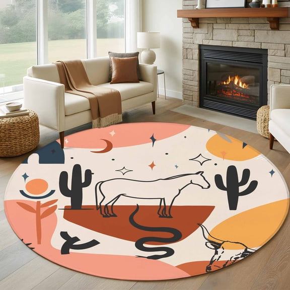 Round Area Rugs Collection 5 Ft, Western Boho Non-Slip Residential Carpet, Modern Abstract Horse Cactus Plant Offwhite Indoor Crawling Mats Runner Rugs for Living Room/Dining Room/Bedroom