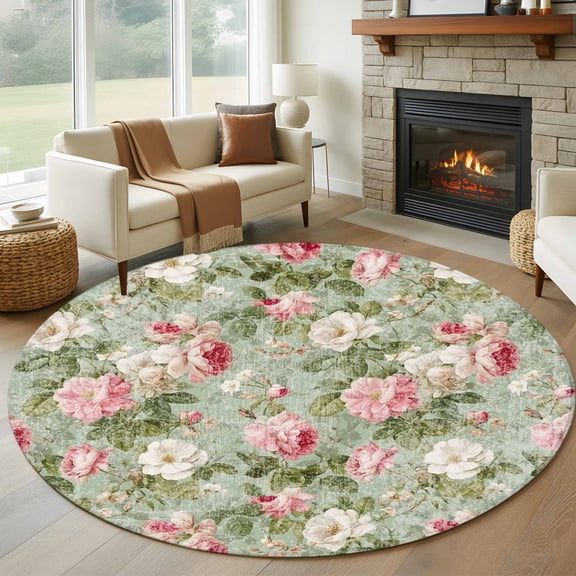 Round Area Rugs Collection 5 Ft, White Pink Flower Non-Slip Residential Carpet, Shabby Chic Spring Vintage Leaf Green Indoor Crawling Mats Runner Rugs for Living Room/Dining Room/Bedroom