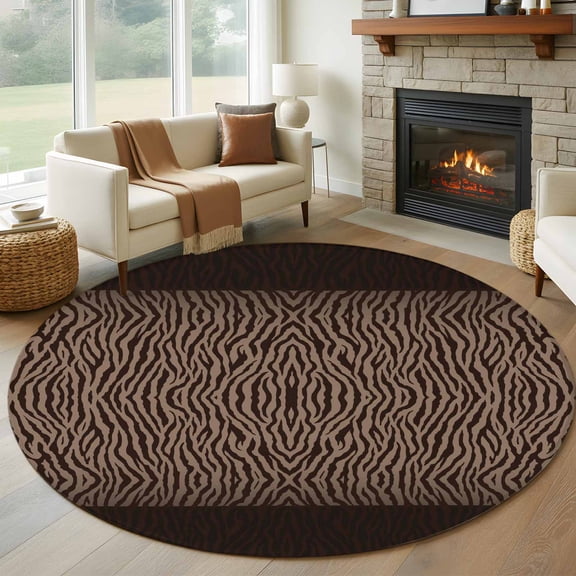 Round Area Rugs Collection 5 Ft, Zebras Print Non-Slip Residential Carpet, Abstract Animal Skin Texture Brown Indoor Crawling Mats Runner Rugs for Living Room/Dining Room/Bedroom