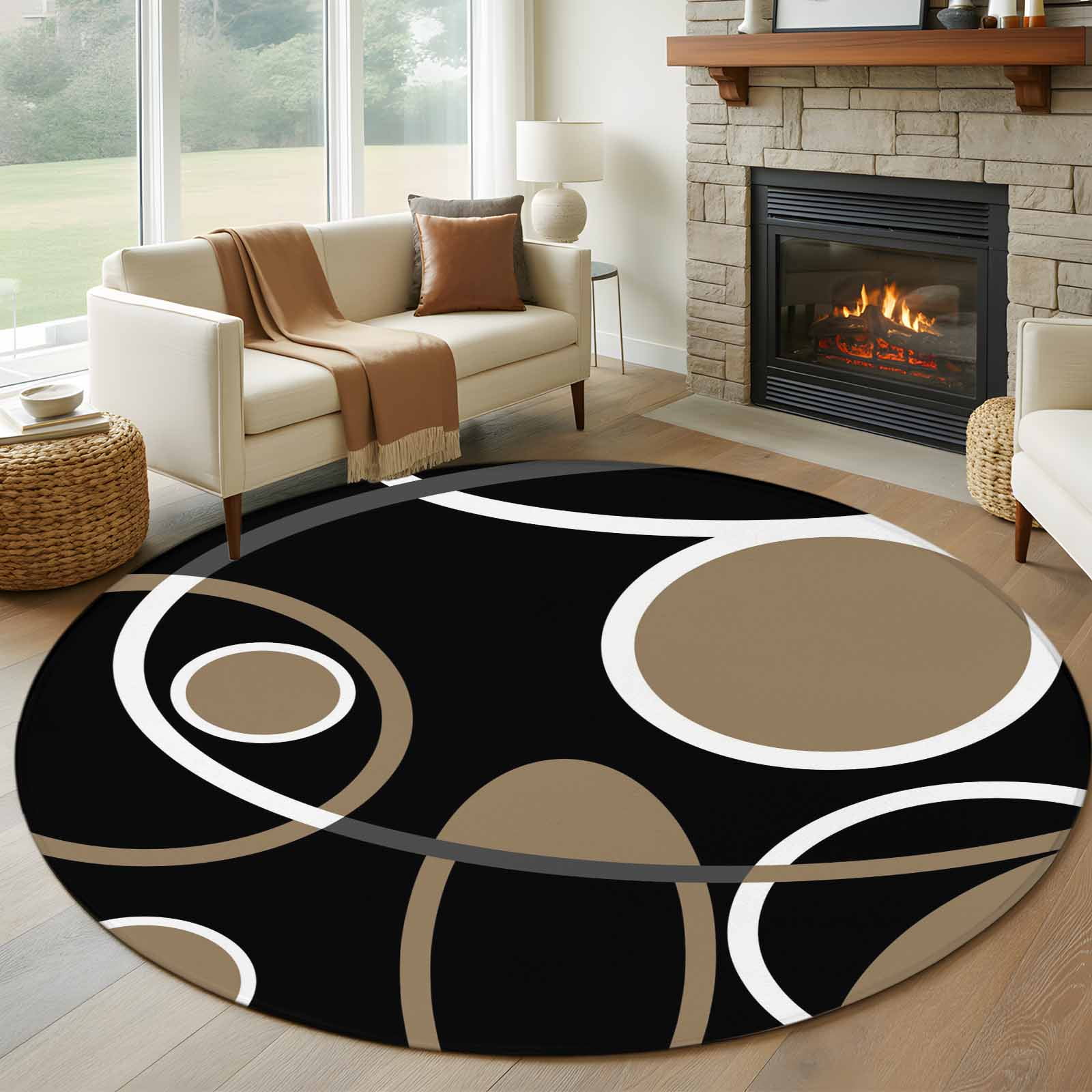 Round Area Rugs Collection 6 Ft, Black Brown Non-Slip Residential Carpet, White Circle Modern Minimalist Geometric Indoor Crawling Mats Runner Rugs for Living Room/Dining Room/Bedroom