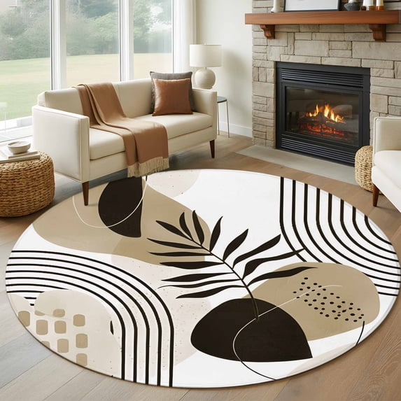 Round Area Rugs Collection 6 Ft, Brown Boho Geometric Non-Slip Residential Carpet, Country Retro Abstract Lines Leaves Indoor Crawling Mats Runner Rugs for Living Room/Dining Room/Bedroom
