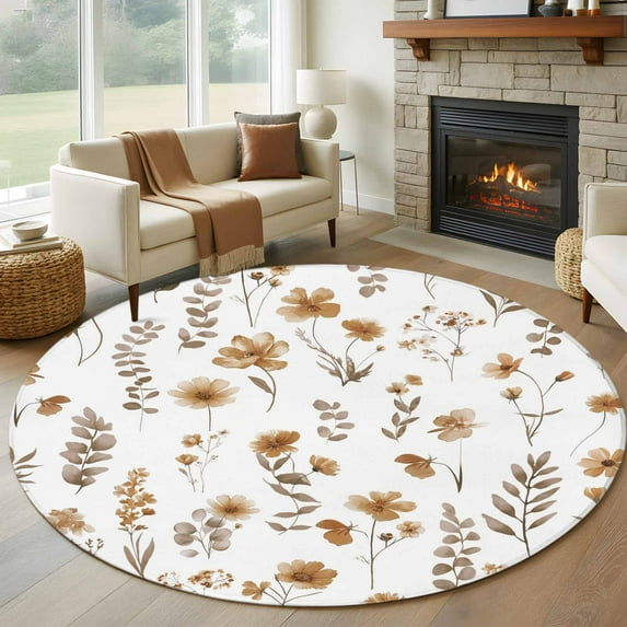 Round Area Rugs Collection 6 Ft, Brown Spring Floral Non-Slip Residential Carpet, Flowers Leaves Elegant Pastoral Indoor Crawling Mats Runner Rugs for Living Room/Dining Room/Bedroom