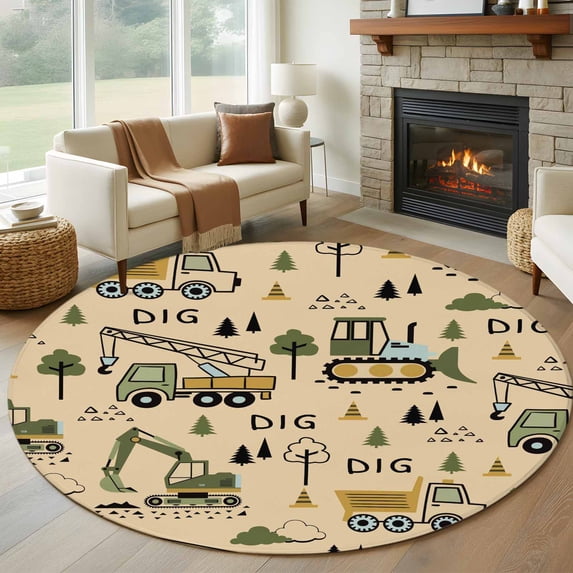 Round Area Rugs Collection 6 Ft, Cartoon Tractor Non-Slip Residential Carpet, Cute Digger Shovel Truck Car Khaki Indoor Crawling Mats Runner Rugs for Living Room/Dining Room/Bedroom