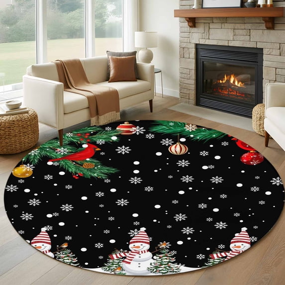 Round Area Rugs Collection 6 Ft, Christmas Black Non-Slip Residential Carpet, Winter Snowman Xmas Pine Branch Cardinal Bird Indoor Crawling Mats Runner Rugs for Living Room/Dining Room/Bedroom