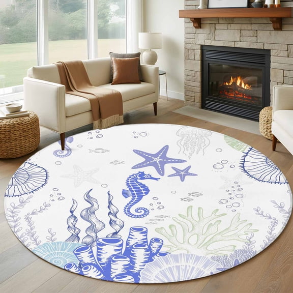 Round Area Rugs Collection 6 Ft, Coastal Purple Non-Slip Residential Carpet, Ocean Coral Starfish Jellyfish Seahorse Indoor Crawling Mats Runner Rugs for Living Room/Dining Room/Bedroom