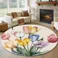 thumbnail image 1 of Round Area Rugs Collection 6 Ft, Colorful Tulips Floral Non-Slip Residential Carpet, Modern Art Watercolor Pastoral Indoor Crawling Mats Runner Rugs for Living Room/Dining Room/Bedroom, 1 of 8