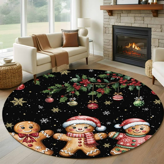 Round Area Rugs Collection 6 Ft, Gingerbread Christmas Non-Slip Residential Carpet, Xmas Balls Branches Black Indoor Crawling Mats Runner Rugs for Living Room/Dining Room/Bedroom