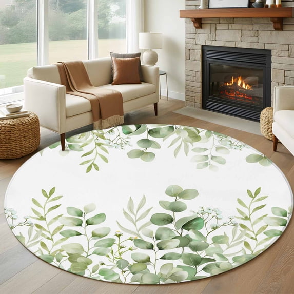 Round Area Rugs Collection 6 Ft, Light Green Eucalyptus Leaves Non-Slip Residential Carpet, Watercolor Spring Summer Botanical Indoor Crawling Mats Runner Rugs for Living Room/Dining Room/Bedroom
