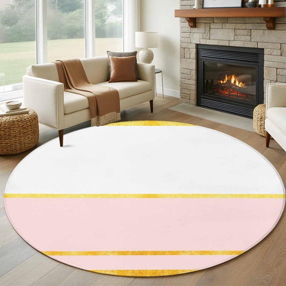 Round Area Rugs Collection 6 Ft, Modern Pink Gold Non-Slip Residential Carpet, Minimalist Geometric Yellow Striped Indoor Crawling Mats Runner Rugs for Living Room/Dining Room/Bedroom