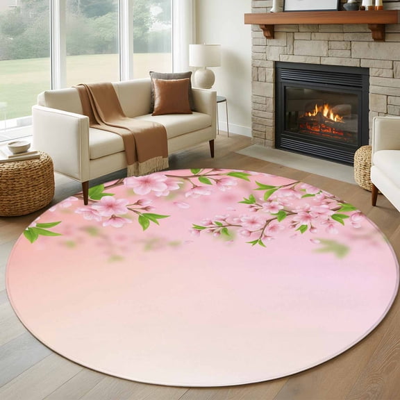 Round Area Rugs Collection 6 Ft, Pink Cherry Flowers Non-Slip Residential Carpet, Spring Ombre Floral Leaf Branch Indoor Crawling Mats Runner Rugs for Living Room/Dining Room/Bedroom