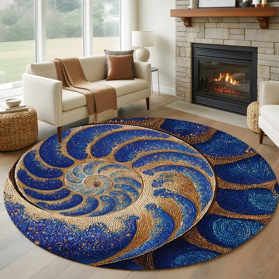 Round Area Rugs Collection 6 Ft, Purple Blue Golden Conch Non-Slip Residential Carpet, Modern Abstract Ocean Shell Indoor Crawling Mats Runner Rugs for Living Room/Dining Room/Bedroom