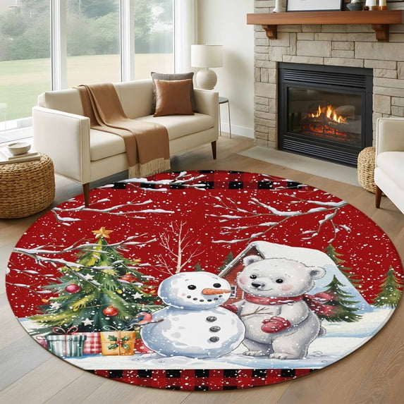 Round Area Rugs Collection 6 Ft, Red Christmas Non-Slip Residential Carpet, Xmas Tree Snowman Bear Snowfall Plaid Indoor Crawling Mats Runner Rugs for Living Room/Dining Room/Bedroom