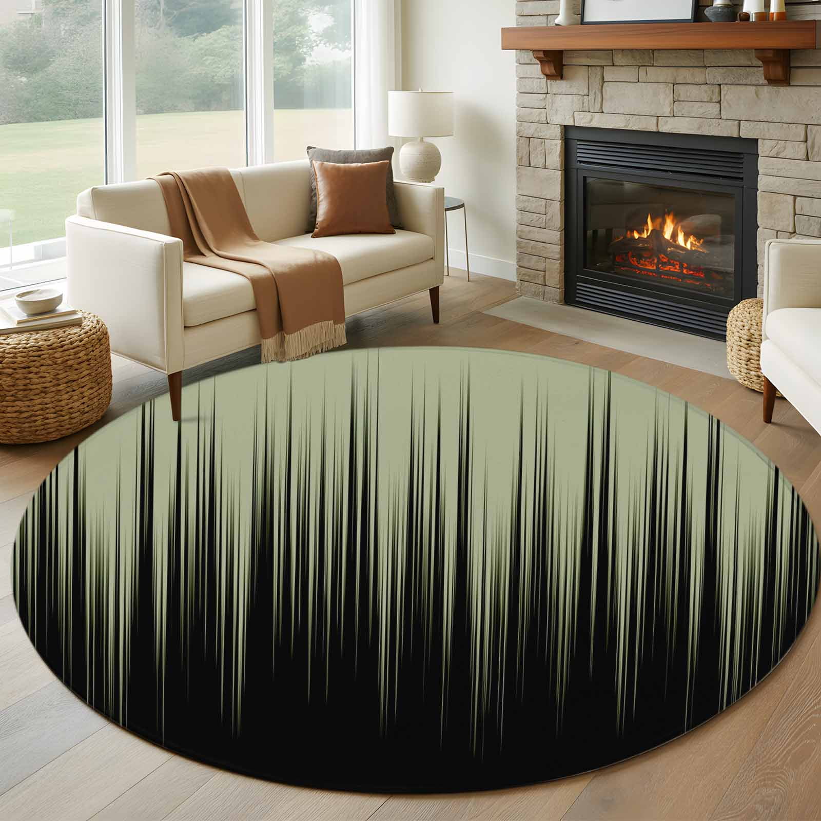 Round Area Rugs Collection 6 Ft, Sage Green Black Ombre Non-Slip Residential Carpet, Modern Abstract Striped Gradient Indoor Crawling Mats Runner Rugs for Living Room/Dining Room/Bedroom