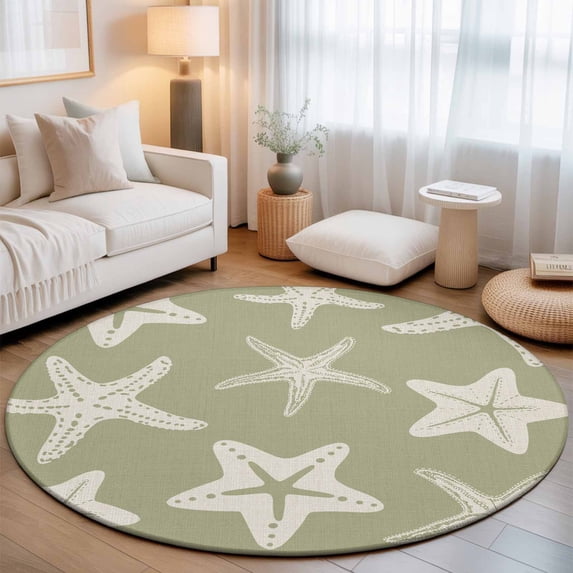 Round Area Rugs Collection 6 Ft, Sage Green Starfish Coastal Non-Slip Residential Carpet, Nautical Summer Ocean Abstract Art Indoor Crawling Mats Runner Rugs for Living Room/Dining Room/Bedroom