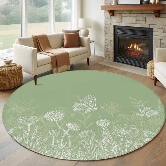 Round Area Rugs Collection 6 Ft, Sage Green Wildflowers Non-Slip Residential Carpet, Modern Floral Butterfly Plant Indoor Crawling Mats Runner Rugs for Living Room/Dining Room/Bedroom
