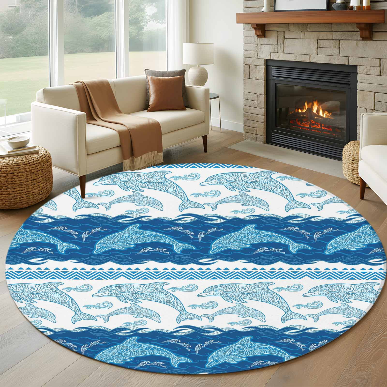 Round Area Rugs Collection 6 Ft, Summer Dolphin Non-Slip