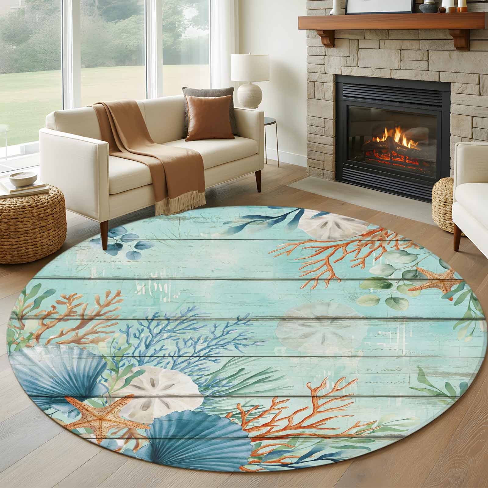 Round Area Rugs Collection 6 Ft, Teal Beach Coastal Non-Slip Residential Carpet, Summer Nautical Coral Shell Botanical Vintage Indoor Crawling Mats Runner Rugs for Living Room/Dining Room/Bedroom