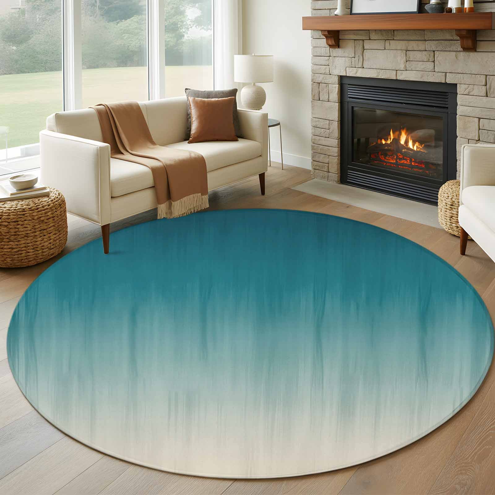 Round Area Rugs Collection 6 Ft, Teal Blue Ombre Non-Slip Residential Carpet, Contemporary Gradient Abstract Art Indoor Crawling Mats Runner Rugs for Living Room/Dining Room/Bedroom