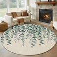thumbnail image 1 of Round Area Rugs Collection 6 Ft, Teal Green Eucalyptus Leaves Non-Slip Residential Carpet, Spring Plants Country Beige Indoor Crawling Mats Runner Rugs for Living Room/Dining Room/Bedroom, 1 of 8