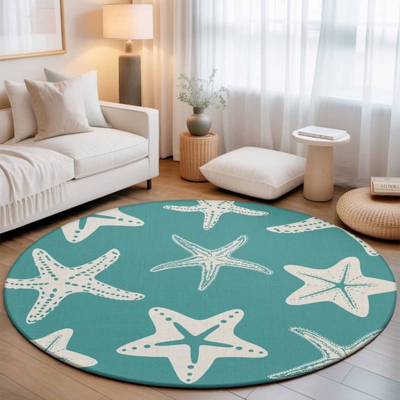 Round Area Rugs Collection 6 Ft, Turquoise Starfish Coastal Non-Slip Residential Carpet, Nautical Summer Ocean Abstract Art Indoor Crawling Mats Runner Rugs for Living Room/Dining Room/Bedroom