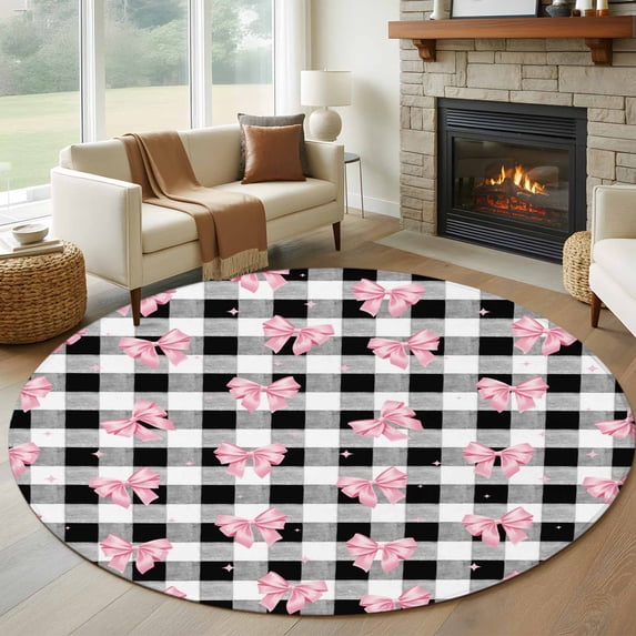 Round Area Rugs Collection 6 Ft, Valentine's Day Non-Slip Residential Carpet, Pink Bows Shining Stars Farmhouse Plaid Indoor Crawling Mats Runner Rugs for Living Room/Dining Room/Bedroom