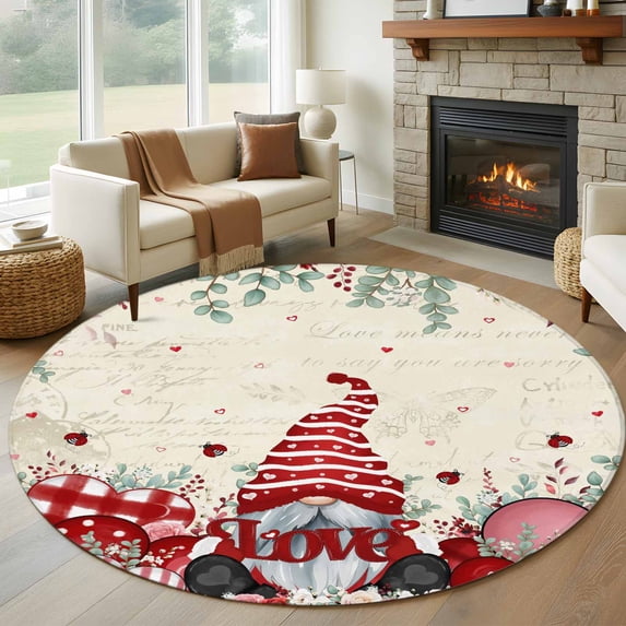 Round Area Rugs Collection 6 Ft, Valentines Non-Slip Residential Carpet, Pink Red Love Heart Gnomes Eucalyptus Rustic Indoor Crawling Mats Runner Rugs for Living Room/Dining Room/Bedroom