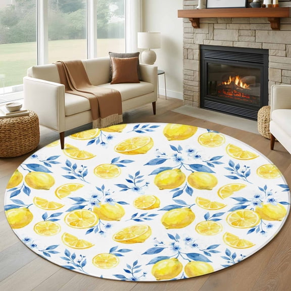 Round Area Rugs Collection 6 Ft, Watercolor Lemons Non-Slip Residential Carpet, Summer Farmhouse Blue Floral Indoor Crawling Mats Runner Rugs for Living Room/Dining Room/Bedroom
