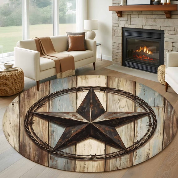 Round Area Rugs Collection 6 Ft, Western Texas Star Retro Non-Slip Residential Carpet, Rustic Farmhouse Wooden Brown Indoor Crawling Mats Runner Rugs for Living Room/Dining Room/Bedroom