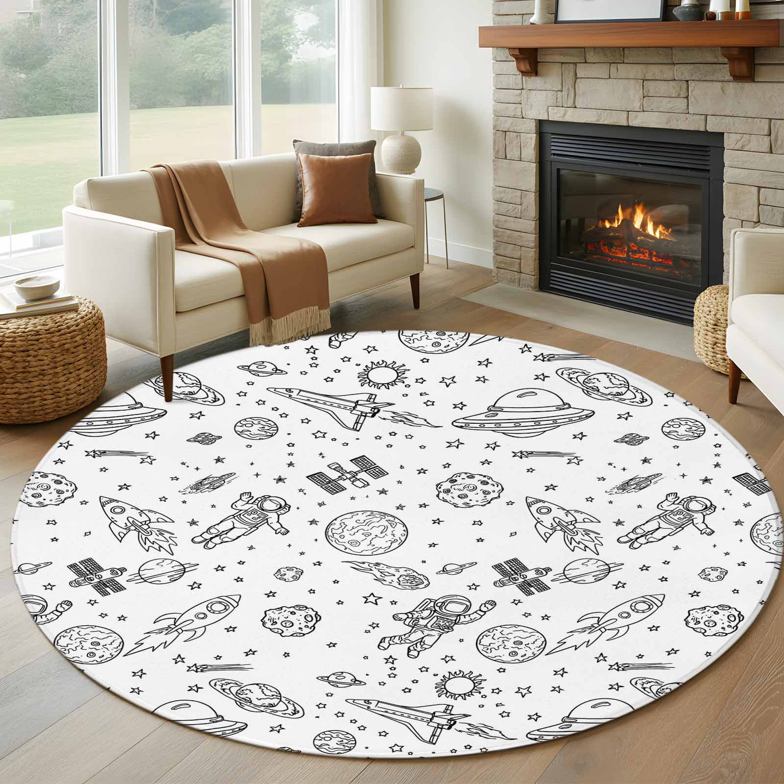 Space Round Rug Round Area Rugs Collection 7 Ft, Cartoon Space Non-Slip Residential ...