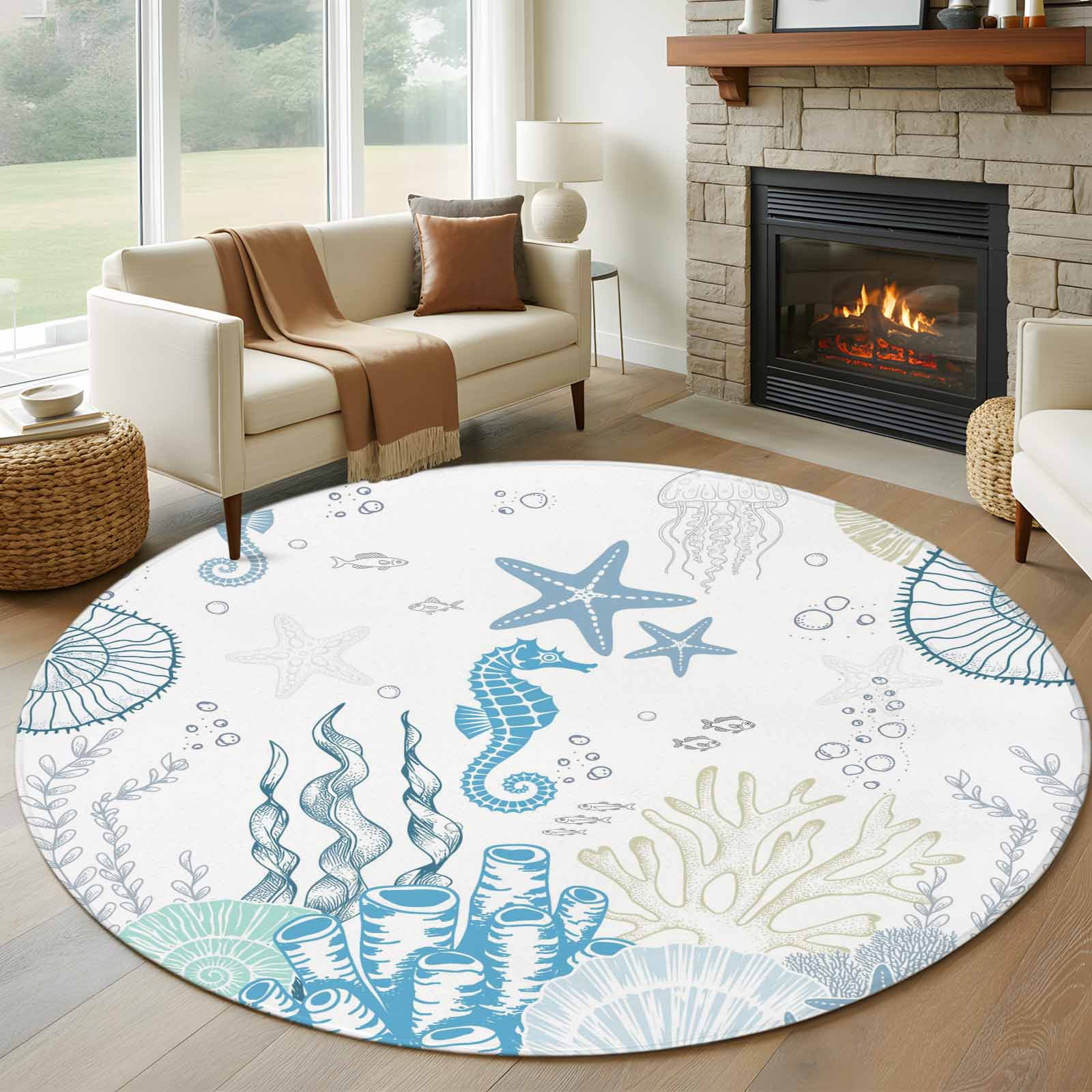 Round Area Rugs Collection 7 Ft, Coastal Blue Non-Slip Residential Carpet, Ocean Coral Starfish Jellyfish Seahorse Indoor Crawling Mats Runner Rugs for Living Room/Dining Room/Bedroom