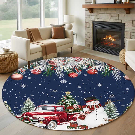 Round Area Rugs Collection 7 Ft, Navy Blue Christmas Non-Slip Residential Carpet, Snowman Xmas Truck Balls Tree Indoor Crawling Mats Runner Rugs for Living Room/Dining Room/Bedroom